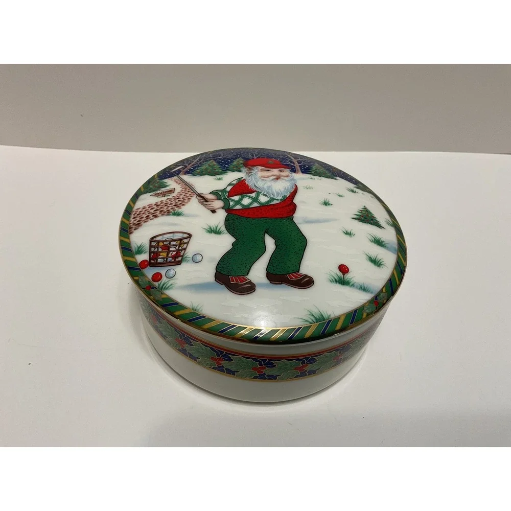 Mikasa Santa's TeeTime Covered Box UT121/683 Large Golfing Santa Porcelain Japan